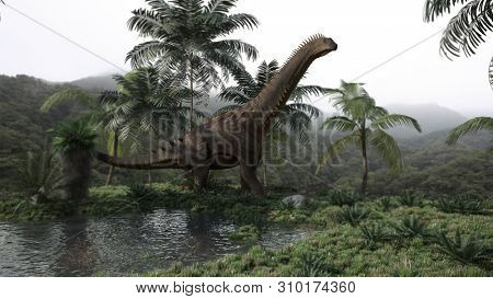 3d rendering of the walking giant alamosaurus dinosaur