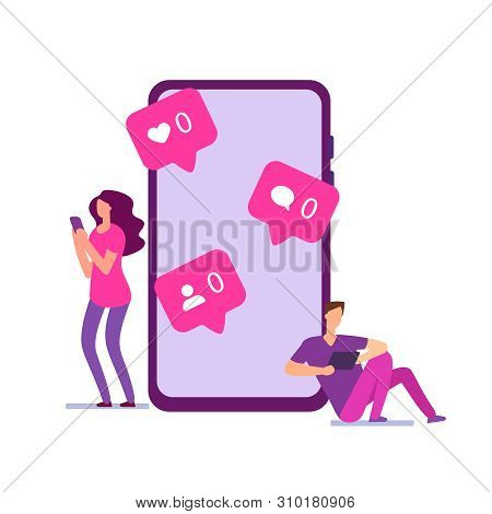 Modern Loneliness Vector Concept. Boy And Girl Have No Messages, No Likes In Social Networks. Illust