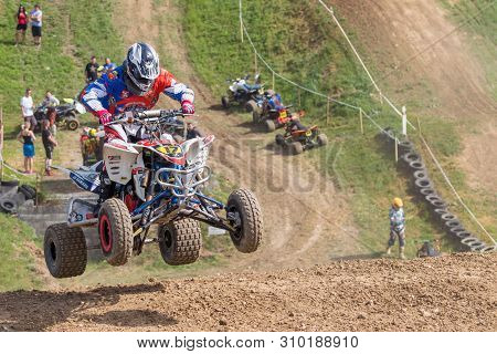 Brezova Nad Svitavou, Czech Republic - June 15, 2019: Shot Of Quad Rider Jumping In The Race Interna