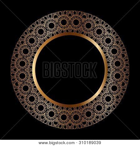 Golden Frame With Ornament In Circle On Black Background. Luxury Gold Mandala, Hand Draw Design. Ara