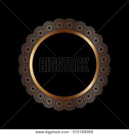 Golden Frame With Ornament In Circle On Black Background. Luxury Gold Mandala, Hand Draw Design. Ara