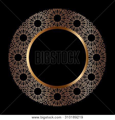Golden Frame With Ornament In Circle On Black Background. Luxury Gold Mandala, Hand Draw Design. Ara