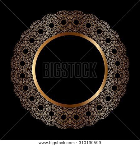 Golden Frame With Ornament In Circle On Black Background. Luxury Gold Mandala, Hand Draw Design. Ara