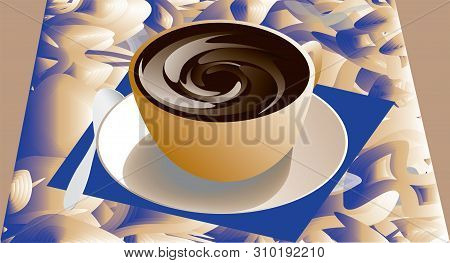 Cup And Sauser With Coffee,  Napkin And Spoon From Top View