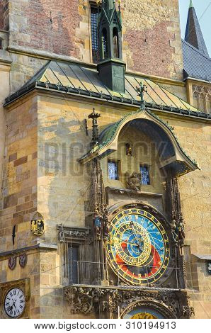 Beautiful Prague Astronomical Clock, Orloj, On The Old Town Square In Prague, Bohemia, Czech Republi