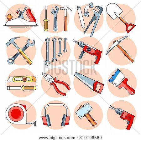 Modern Linear Pictogram Of Building Tools. Set Of Concept Line Icons Building Tools. Construction, H