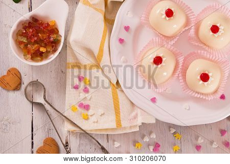 Sicilian Ricotta Cake (cassata) On White Dish.