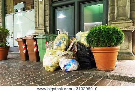 Lot Of Trash Thrown On The Street. Environmental Pollution. Garbage Problem.