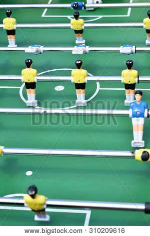 Table Football, Active Game Background, Nice Bokeh. Sports Game For Children, Mulricolored Plastic F