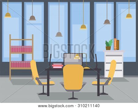 Modern Office Interior Design Flat Illustration. Coworking Open Space, Contemporary Building Workpla