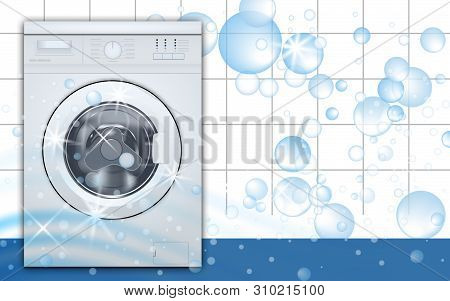 Washing Machine Front Loading In Empty Laundry Room Background With Soap Bubbles. 3d Realistic Vecto