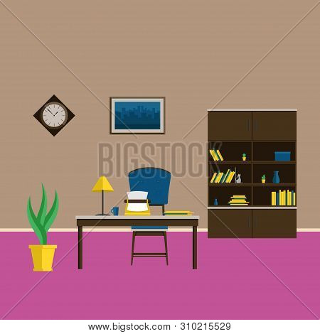 Interior Cabinet Style Mid-century. A Complete Set Of Furniture And Decorations For The Cabinet Vect
