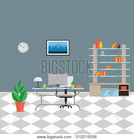 Interior Cabinet In High-tech Style A Complete Set Of Furniture And Decorations For The Cabinet Vect