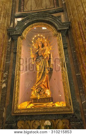 Turin, Italy, 27 June 2019: Interior Of The Sanctuary Of Mary. Help Of Christians Of The Faithful In