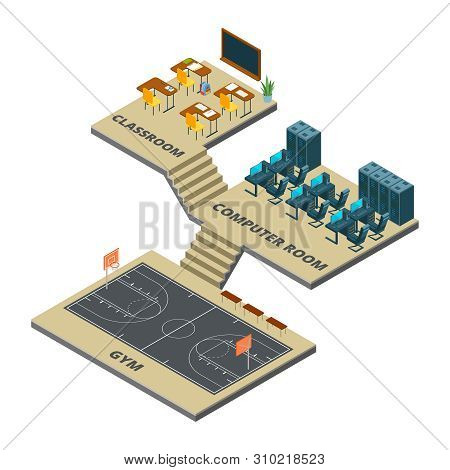 Isometric School Interior Vector Concept. Crassroom, Computer Room And Gym With Basketball Court 3d 
