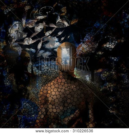 Abstract painting. Naked man with opened door to another world instead of his face. Other dimensions. Winged clocks represents flow of time. 3D rendering