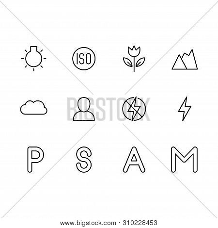 Photo And Video Camera Setting Icon Simple Symbols Set. Photo Shooting Modes Settings, Iso, Flash, P