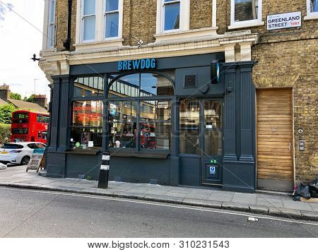 CAMDEN, LONDON - JULY 5, 2019: Exterior view of BrewDog craft beer bar in Camden, London, UK.