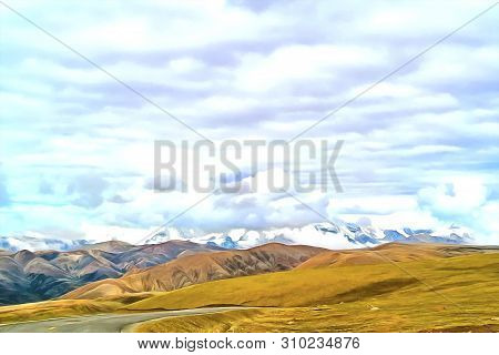 Watercolor Mountain Landscape. Digital Painting - Illustration. Mountain Landscape. Alpine Landscape