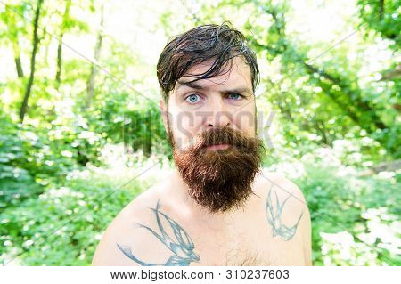 Brutal And Rugged. Hairy Hipster Wearing Long Beard And Mustache In Brutal Style. Bearded Man With B