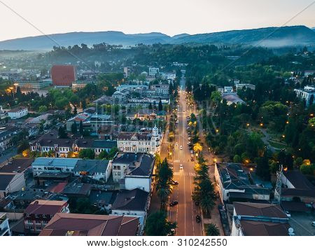 Evening Resort Town Sukhum, Abkhazia Aerial View From Drone.