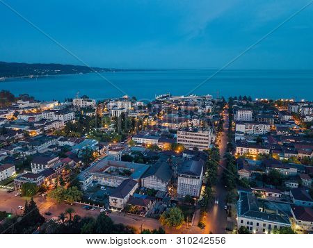 Evening Resort Town Sukhum, Abkhazia Aerial View From Drone.