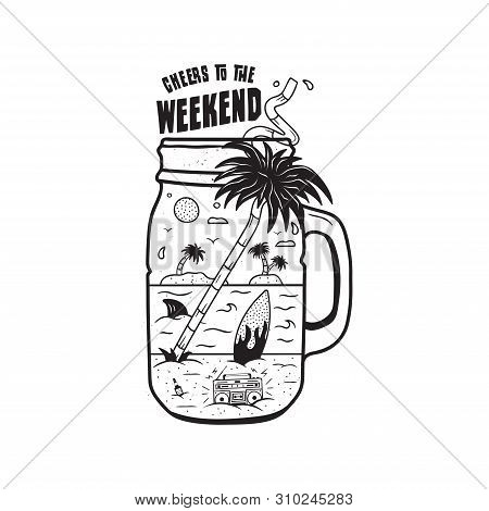 Vintage Surfing Graphics Print For Web Design Or Shirts. Unusual Beach Silhouette Surf Scene Landsca