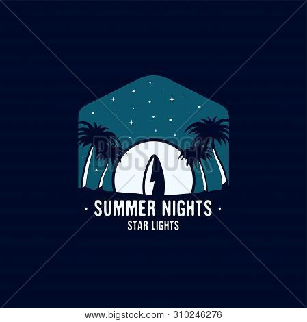 Vintage Hand Drawn Surfing And Travel Concept For Print. T-shirt, Posters. Beach With Palm Trees And