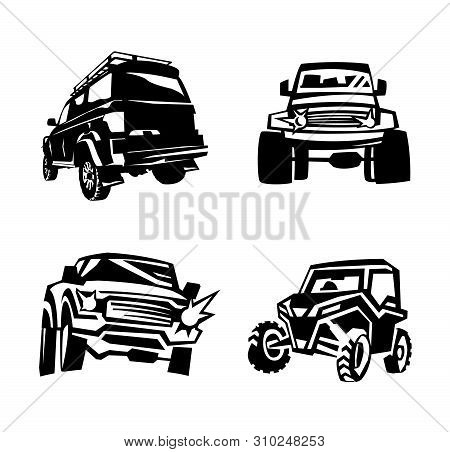Off-road Car Set. Flat Icons. Off-roading Suv Adventure, Extreme Competition Emblem And Car Club Ele