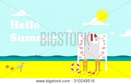 Hello Letto. View Of The Sea And The Sandy Beach. A Child Is Undressed In The Beach Changing Room. S