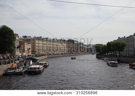 Tourist Ships On The River In The City. Cruise On A Ship In Summer Saint Petersburg, Russia. River C