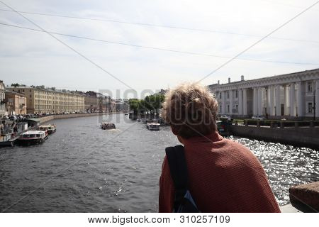Tourist Ships On The River In The City. Cruise On A Ship In Summer Saint Petersburg, Russia. River C