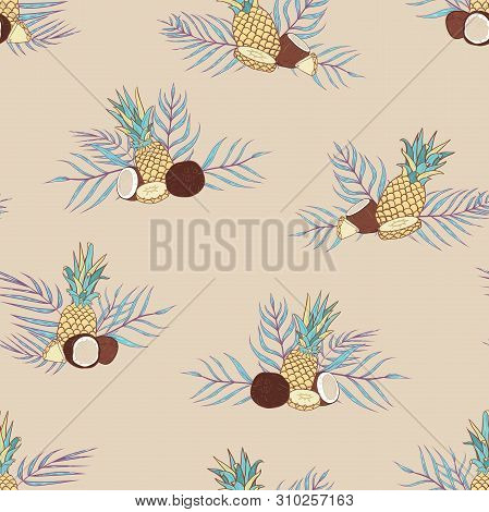 Vector Pina Colada Compositions On Beige Seamless Pattern Background.