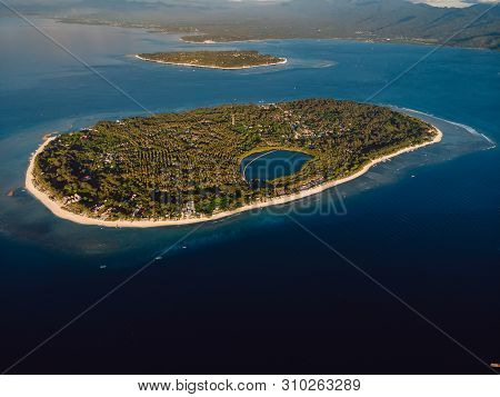 Aerial View With Gili Islands And Ocean, Drone Shot. Gili Meno And Gili Air