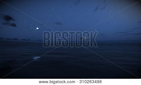Aliens In Earth, The Ufo Flying Over The Ocean At Night, Flying Saucer, 3d Illustration, 3d Render