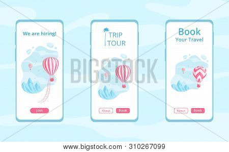 Mobile App Template With Hot Air Balloon Vector Illustration Set. Travel Online Booking Service Conc