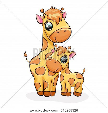Giraffe Baby With Mom Cute Print. Sweet Tiny Family. Cool Mother And Child