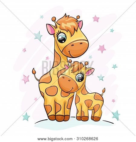 Giraffe Baby With Mom Cute Print. Sweet Tiny Family With Star. Cool Mother And Child