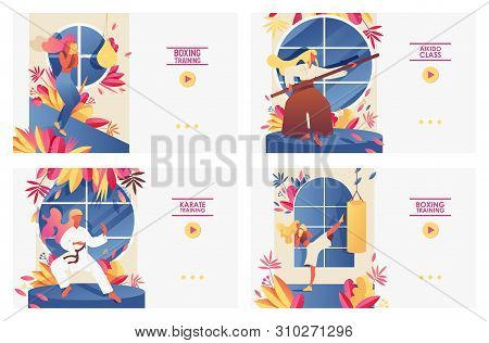 Set With Large Landing Page Templates With Girls Doing Martial Arts Training. Aikido, Boxing, Kickbo
