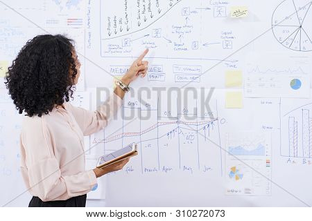 Female Business Trainer With Digital Tablet Pointing At Whiteboard With Various Charts When Explaini