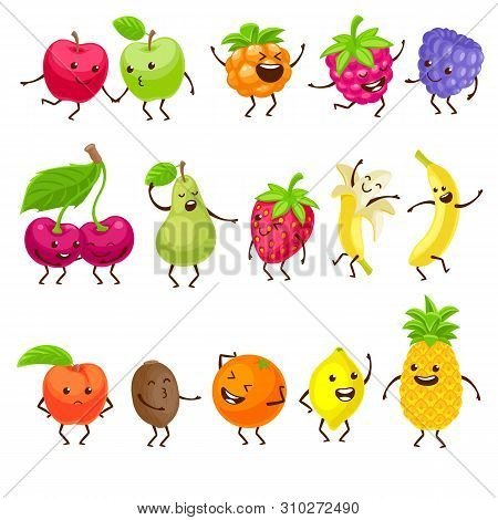 Funny Fruits With Faces Set. Cartoon Characters Vector Illustration With Cute Healthy Juicy Fruits. 