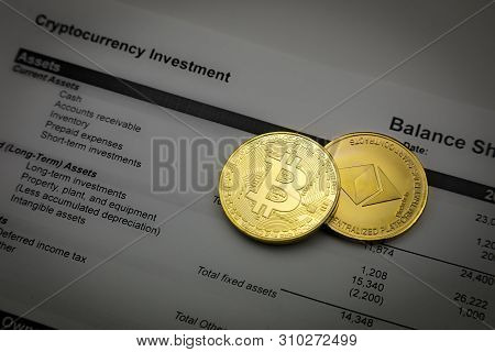 Still Life Of Cryptocurrency Investment. Bitcoin And Ethereum Souvenir Coins Layered Out On An Inves