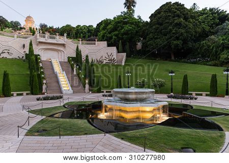 Haifa, Israel, July 04, 2019 : Sunset View From The Lower Entrance To The Bahai Garden In Haifa City