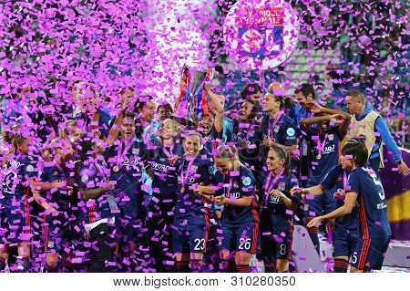 Kyiv, Ukraine - May 24, 2018: Olympique Lyonnais Players Celebrate Their Winning Of The Uefa Women C