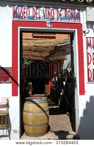 Ronda, Spain - May 5, 2008 - Entrance Ronda Wine Museum With A Large Sherry Barrel In The Foreground