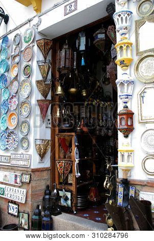 Ronda, Spain - May 5, 2008 - Entrance To A Traditional Craft Shop Selling Ceramics In The Old Town, 