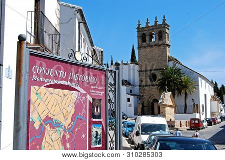 Ronda, Spain - May 5, 2008 - Historic Centre Information Sign And Plan With The Church Of Nuestro Pa