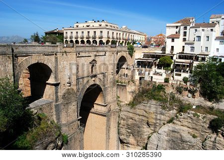 Ronda, Spain - May 5, 2008 - View Of The New Bridge With The Parador To The Rear, Ronda, Malaga Prov
