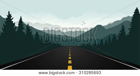 Straigth Road In The Forest With Green Mountain Landscape Vector Illustration Eps10