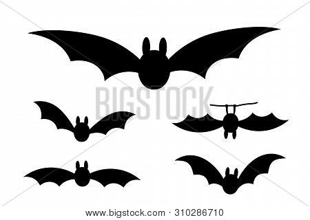 Bats Icon Set. Bat Black Silhouette With Wings Isolated White Background. Symbol Halloween Holiday, 
